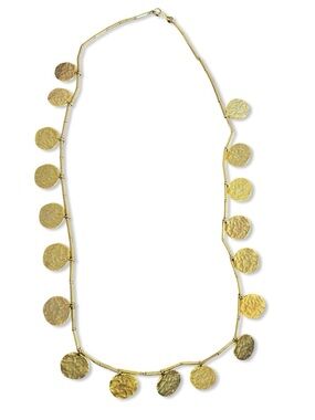 Kenneth Jay Lane vintage Gold Disc Charm Long Necklace hammered coin pendant